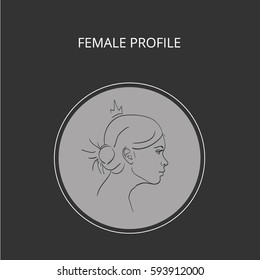 female profile drawn by hand in vector, greeting card, invitation, wedding design, book cover,beauty salon, Barber shop, photo Studio, vizitka card. Princess, Queen, crown, castle