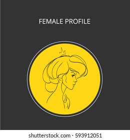 female profile drawn by hand in vector, greeting card, invitation, wedding design, book cover,beauty salon, Barber shop, photo Studio, vizitka card. Princess, Queen, crown, castle