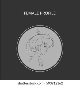 female profile drawn by hand in vector, greeting card, invitation, wedding design, book cover,beauty salon, Barber shop, photo Studio, vizitka card. Princess, Queen, crown, castle