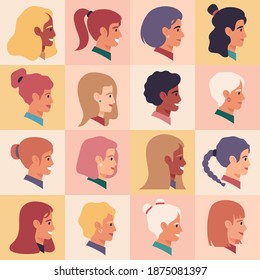 Female profile faces. Women' portraits, People of 3various nationality, brunette, blonde, redhead female characters. Girls avatars vector illustration set. Female character profile, people casual avatar