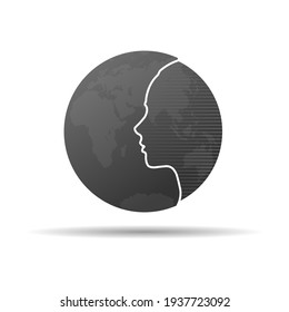 Frauenprofil und Globus. Konzeptionelle Vektorgrafik. Flaches Design.