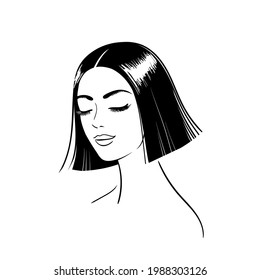 Perfil femenino. La cabeza de una chica. Mujer hermosa. Logotipo femenino con pestañas exuberantes.Ilustración vectorial de material aislado en fondo blanco.