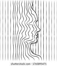 Female profile head  portrait silhouette outline of several single lines. Abstraction of lines. Wave minimalistic pattern.Line art.