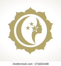 female profile  with moon and stars inside mandala frame, vector