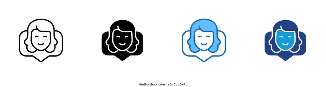 Vector de diseño de íconos de estilo múltiple de Perfil femenino - Cara femenina en la burbuja del discurso, que simboliza el perfil de usuario, el chat o el contacto personal