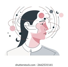 Female profile with orbiting planets and abstract elements around head. Flat vector illustration. Mental health and imagination concept. Design for poster, print.
