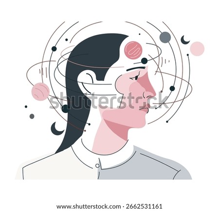 Female profile with orbiting planets and abstract elements around head. Flat vector illustration. Mental health and imagination concept. Design for poster, print.
