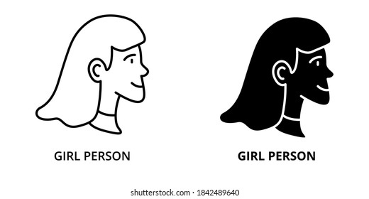 Female Profile Photo Silhouette Symbol Illustration. Woman Head Avatar Icon Line And Glyph Style. Girl Teen Person Avatars Logo Vector. People Character User Profile