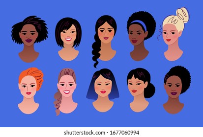 Female profile pictures avatars vector illustration set isolated on blue background.