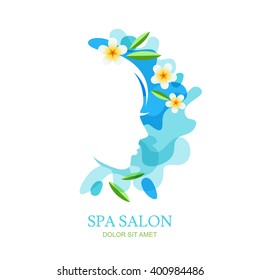 Female profile and plumeria flowers on water splash background. Vector logo, emblem design elements. Isolated illustration. Concept for spa, ayurveda, beauty salon, natural cosmetics and cosmetology.