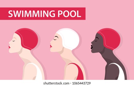 Female profile set. African, Asian and European girls in a rubber caps for the swimming pool. Vector Flat Illustration