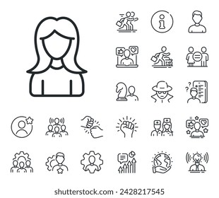 Female Profile sign. Specialist, doctor and job competition outline icons. User line icon. Woman Person silhouette symbol. Woman line sign. Avatar placeholder, spy headshot icon. Strike leader. Vector