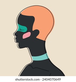 Female profile silhouette with closed eyes and colored shapes on face and neck. Vector illustration