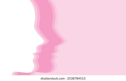 Female profile silhouette design in white and pink tones on pink flat background, delicate vector illustration and copy space