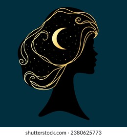 Female profile silhouette with gold stars and crescent. Emblem of a night sky. Vector illustration