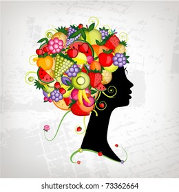 Female profile silhouette, hairstyle with fruits for your design