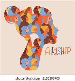 Female profile silhouette made of many multicultural women. Allyship - lettering for female community. Pattern forming a woman head. Flat hand drawn vector illustration.