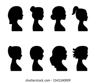 Female profile silhouettes, different variants. Vector.