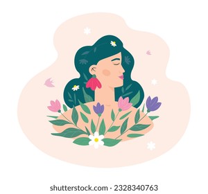 A female profile surrounded by flowers is a symbol of psychological harmony, peace of mind, healthy self-esteem.