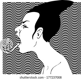 Female Profile With Twisted Tongue Stuck Out, Black And White Vector Illustration