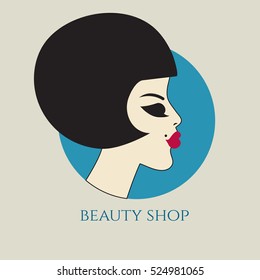 Female profile. Vector logo for beauty salon. Bob haircut, makeup. Glamorous retro girl. Icon of beautiful face.