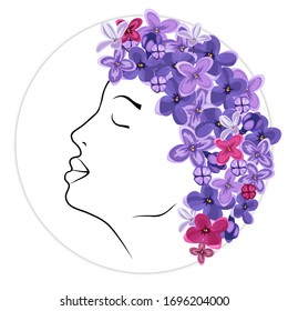 Female profile with a wreath of lilac flowers on her head. Vector illustration in a round frame for the design of icons, social networks, beauty salon, template, banner, spring concept.