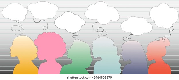 female profiles of different races and nationalities social poster, group of people searching for solution, thoughts, groupthink, team building