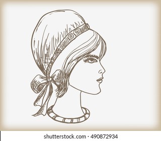 Female profile.Silhouette of female head with high hair. Profile. Horizontal
vector illustration.