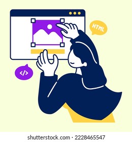Female programmer arranging image layout on website. Programmer making website. Flat design modern vector illustration concept