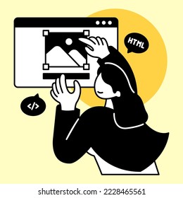 Female programmer arranging image layout on website. Programmer making website. Flat design modern vector illustration concept