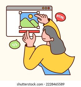 Female programmer arranging image layout on website. Programmer making website. Flat design modern vector illustration concept