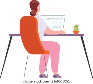 Female programmer back view. Young freelancer workplace isolated on white background