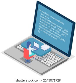 Female programmer coding new project on big laptop with command line. Woman looking at computer screen with program code. Programming or coding concept. Girl works with new software development