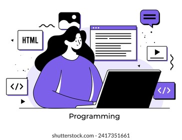 Software de programación para mujeres que utiliza un portátil, concepto de ilustración plana de programación de computadoras, desarrollo web