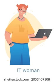 Female programmer concept. Woman holds laptop in her hands and develops new digital products. Information technology specialist. Cartoon modern flat vector illustration isolated on white background