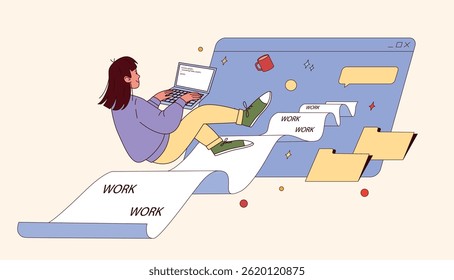Programadora femenina con portátil abrumada por las tareas. Flujo de trabajo de codificación, carga de trabajo interminable, archivos digitales e interfaz. Ilustración vectorial plana aislada sobre fondo claro.