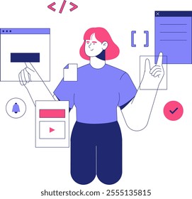 Female Programmer Managing Digital Interfaces In Flat Vector Illustration Symbolizing Software Development, Coding, And Innovation, Isolated On White Background.