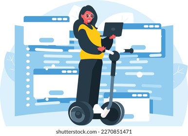 Female programmer rides on a gyro scooter holding a laptop in his hand. Female student on a gyroboard. Control panel screen with program code. Programming languages. Vector graphics