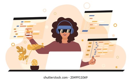Una programadora está sentada en una mesa con gafas VR y escribiendo código de software. Tecnologías futuras para autónomos. Ilustración vectorial plana
