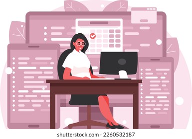 Programadora que trabaja en una computadora. Mujer en el lugar de trabajo trabajando en PC. Tecnologías escalables. Pantalla de ordenador, tablet y smartphone con código de programación en pantalla. Concepto de programación. Vector