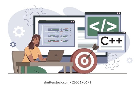 Female programmer working on C plus plus code with laptop, surrounded by coding screens and gear icons, on a white background. Concept of programming and development. Vector illustration