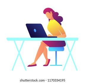 Female programmer working on laptop at her office desk vector illustration. IT specialist and expert, young woman designer and developer, programmer concept. Isolated on white background.