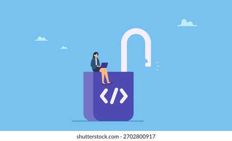 Programadora feminina trabalhando usando computador laptop trabalhando em destravar bloqueio com símbolo de codificação. Programação de código aberto, produtos digitais incluem permissão para usar o código fonte de programação.