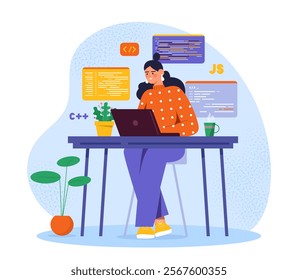 Female programmer at workplace. Woman writes code for program and application. Freelancer and remote worker develop app. Front end and back end developer. Flat vector illustration