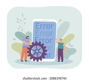 Female programmers fixing application error on huge smartphone. Software problem flat vector illustration. Technology, error, maintenance concept for banner, website design or landing web page