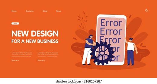 Female programmers fixing application error on huge smartphone. Software problem flat vector illustration. Technology, error, maintenance concept for banner, website design or landing web page