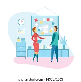 Female Project Manager Talking to Male Programmer. Cartoon Flat Business People Standing Notes and Bulletin Board. Office Interior Vector Illustration. Application and Technology Development