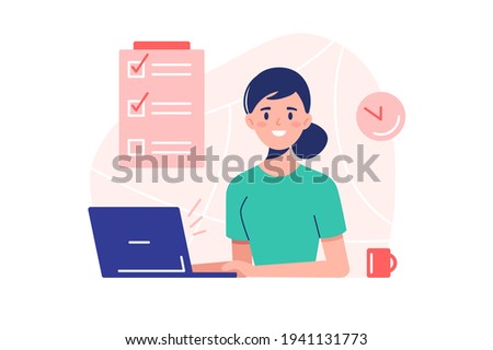 Female project manager vector illustration. Smiling woman worker near laptop flat style. List with complete tasks. Business and creative job concept. Isolated on white background