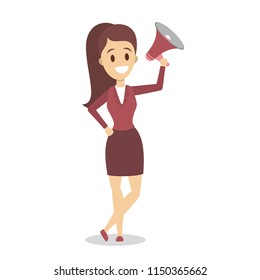 Female promoter in business clothes standing with megaphone. Shouting through the loudspeaker. Isolated vector illustration in cartoon style