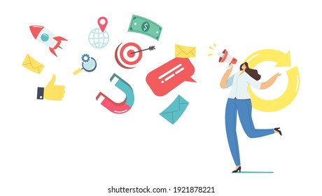 Female Promoter Character 360 Degree Marketing Advertising Campaign. Online Public Relations or Affairs. Woman Shouting to Megaphone. Pr Social Media Promotion, Digital Ad. Cartoon Vector Illustration